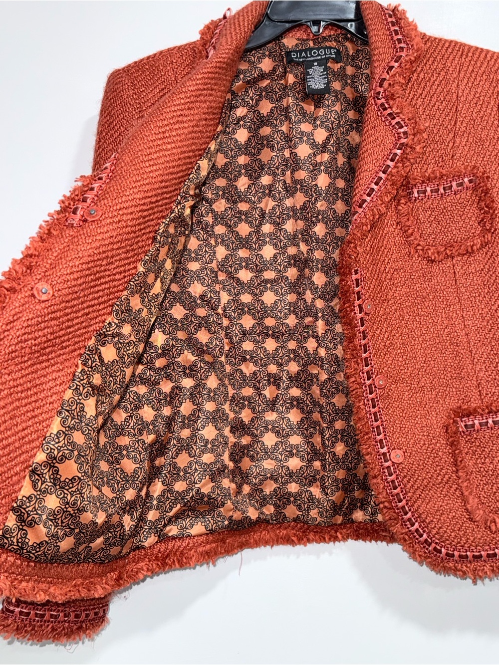 Dialogue Rust Orange Fringe-Trim Woven Wool Blend Blazer